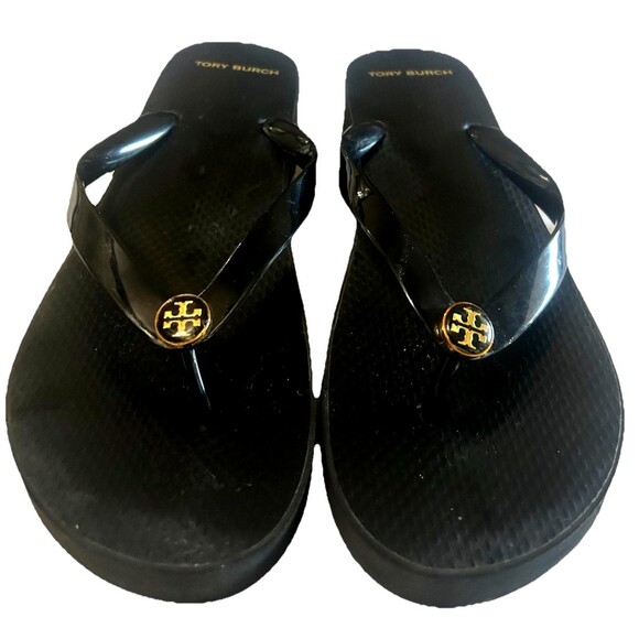 TORY BURCH Wedge Platform Gold Logo Flip Flops Black Women Sandals Size US 9? - Picture 5 of 13